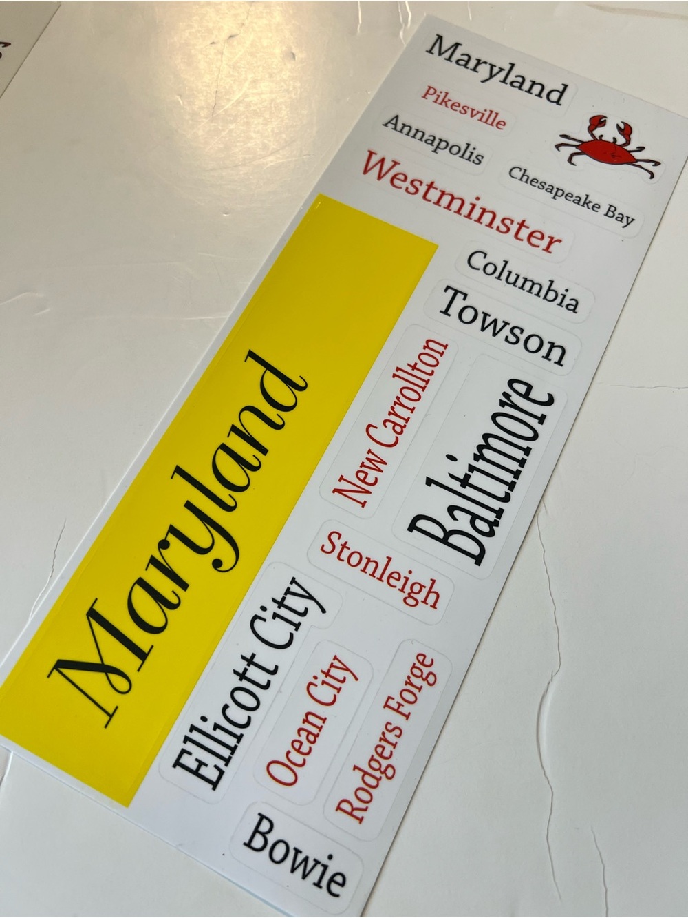 Maryland Cities Crab Sticker Sheet - Yellow, Black, Red